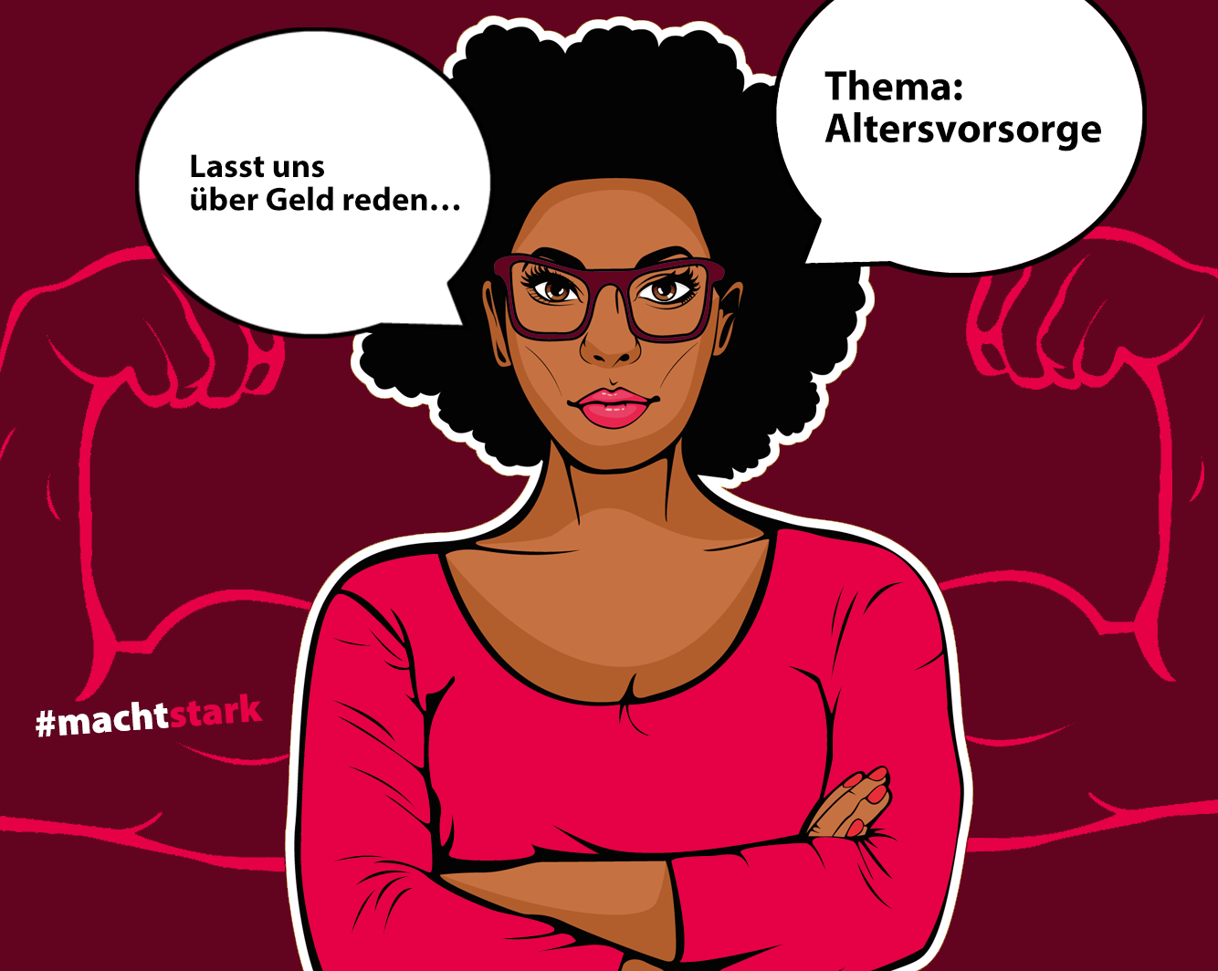 © AdobeStock: EwaStudio Selbstbewusste Frau mit Sprechblase: Lass uns über Geld sprechen, Thema Altersvorsorge © AdobeStock: EwaStudio