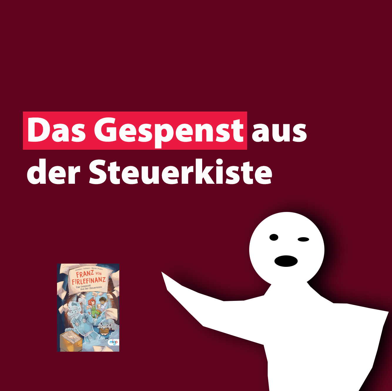 Das Bild zeigt ein Gespenst und das Cover des Buches.